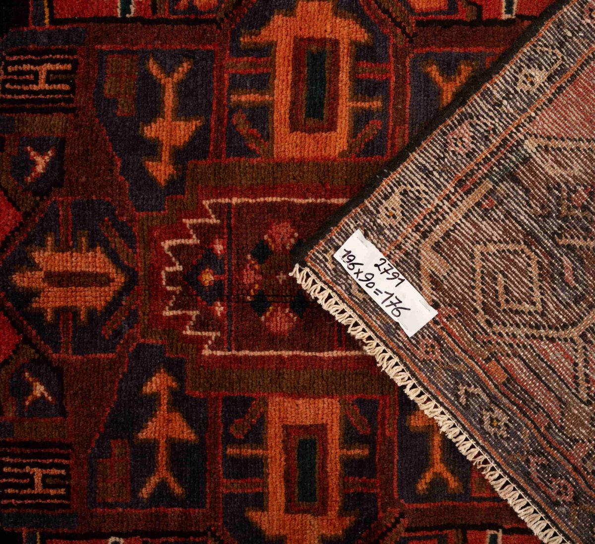 Hand Knotted Hamedan Rug – Geometric Pattern – 196 × 90 cm – Red - Image 2