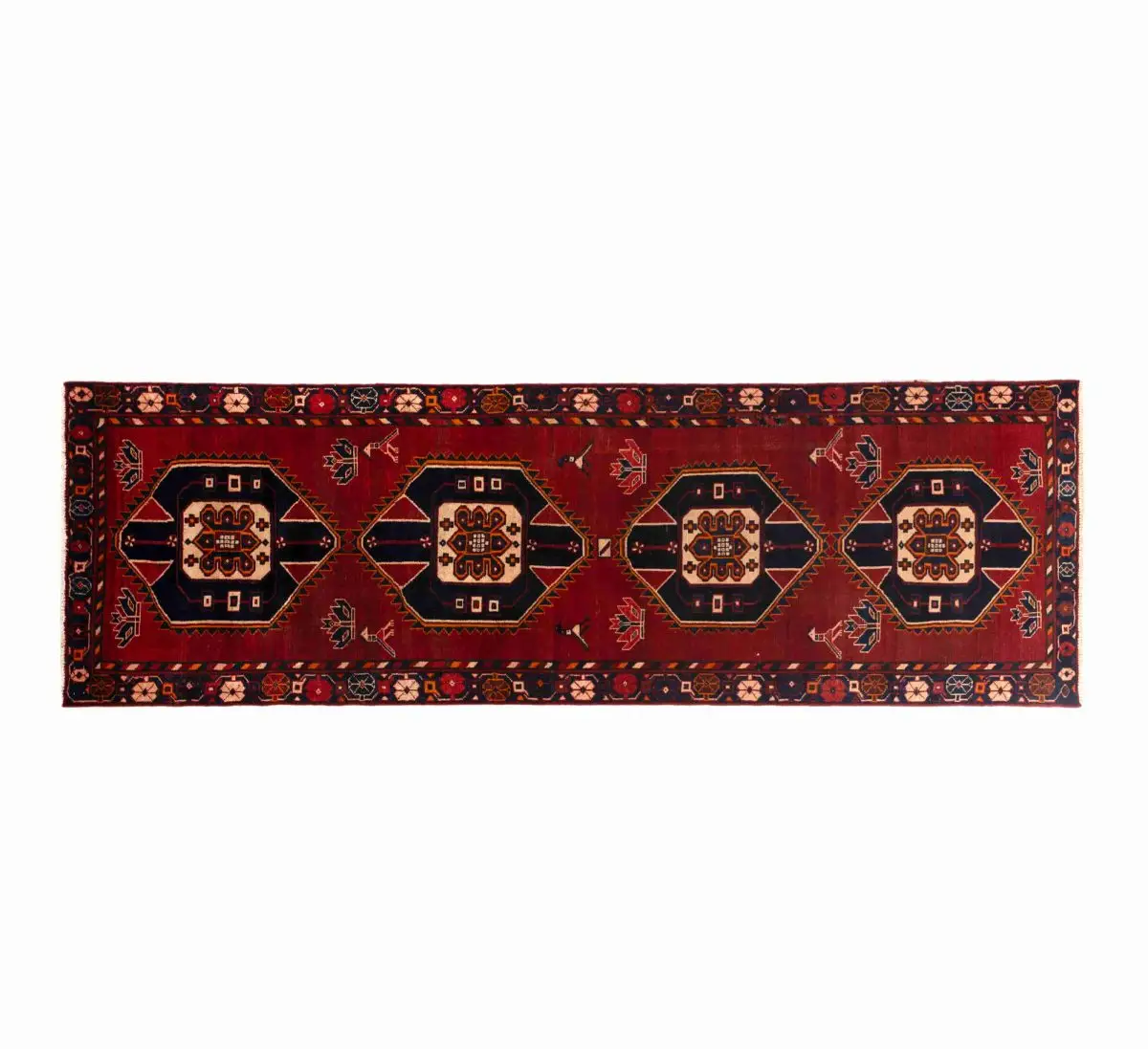 Hand Knotted Hamadan Rug – Geometric Pattern – 305 × 100 cm – Red - Image 5