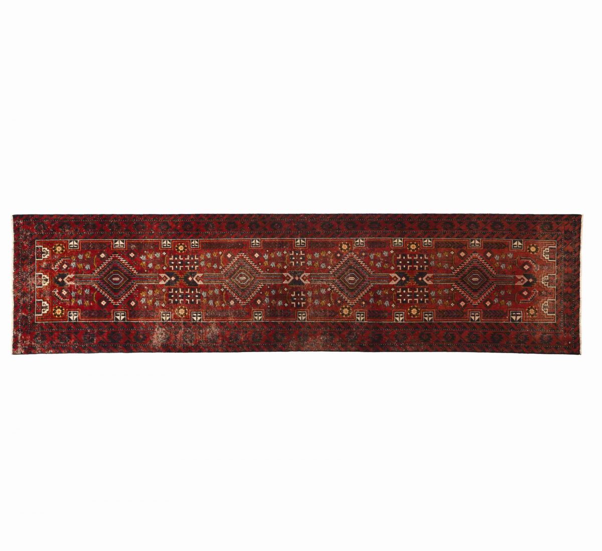Hand Knotted Shiraz Rug – Tribal Pattern – 382 × 95 cm – Red - Image 3
