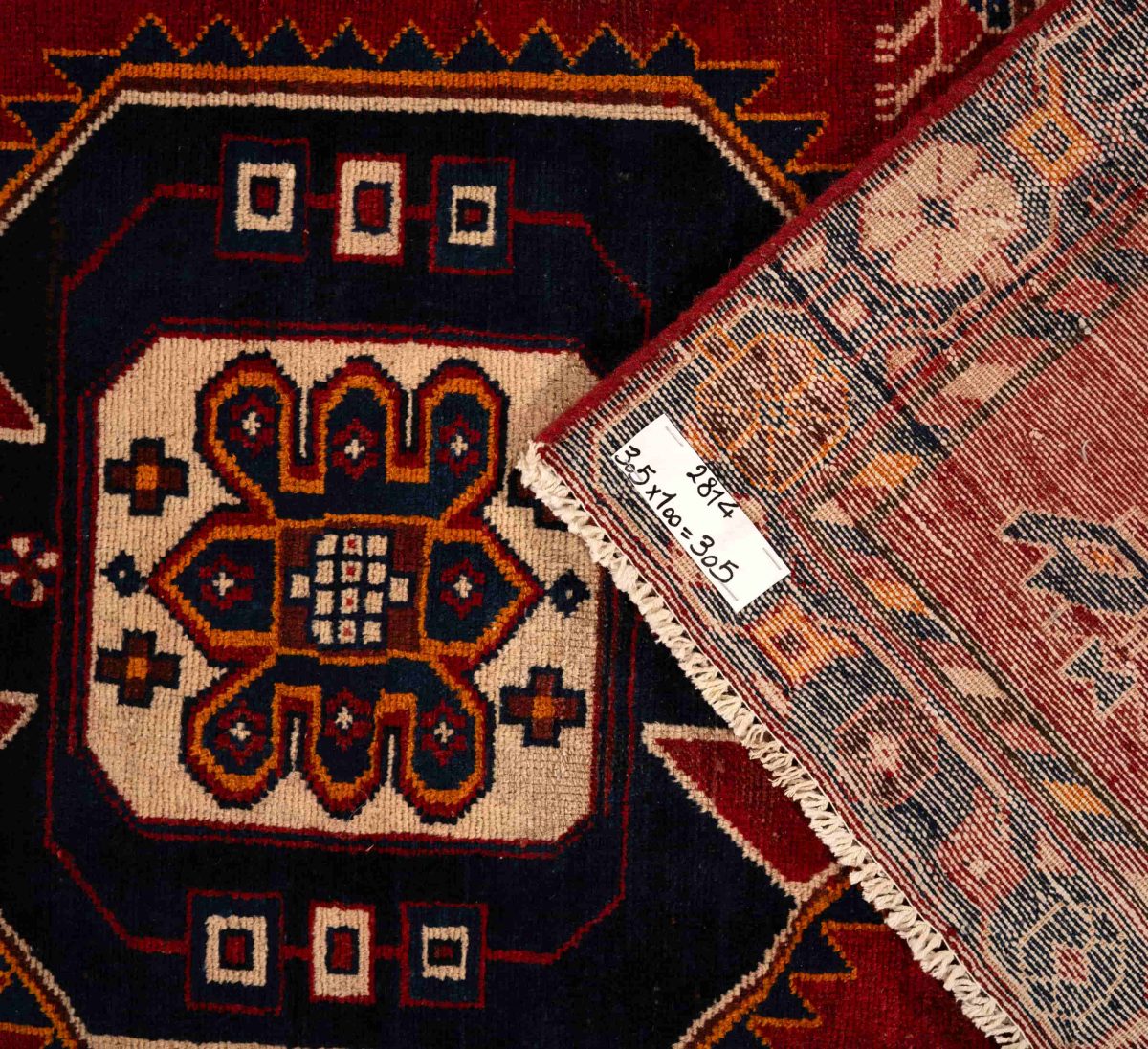 Hand Knotted Hamadan Rug – Geometric Pattern – 305 × 100 cm – Red - Image 4