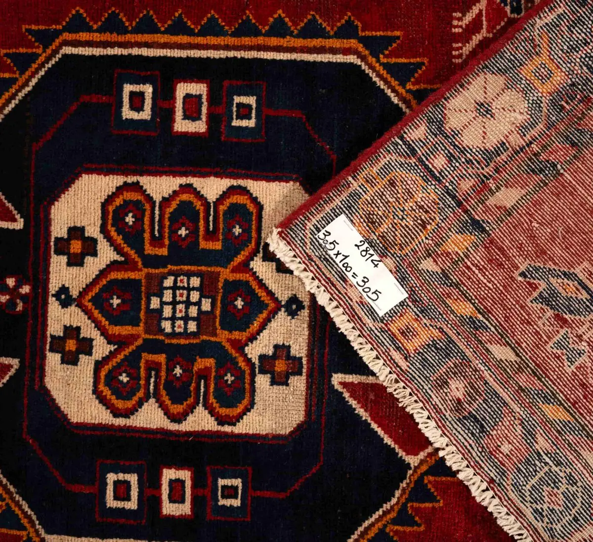 Hand Knotted Hamadan Rug – Geometric Pattern – 305 × 100 cm – Red - Image 4